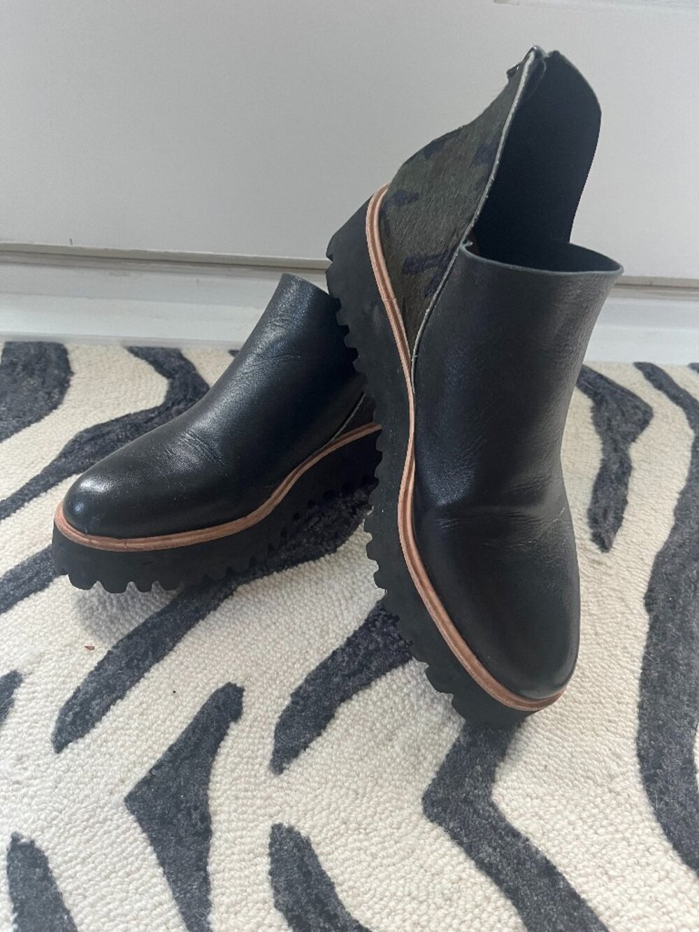 “All Black” Black Leather Boots w. Camo Calf-Hair